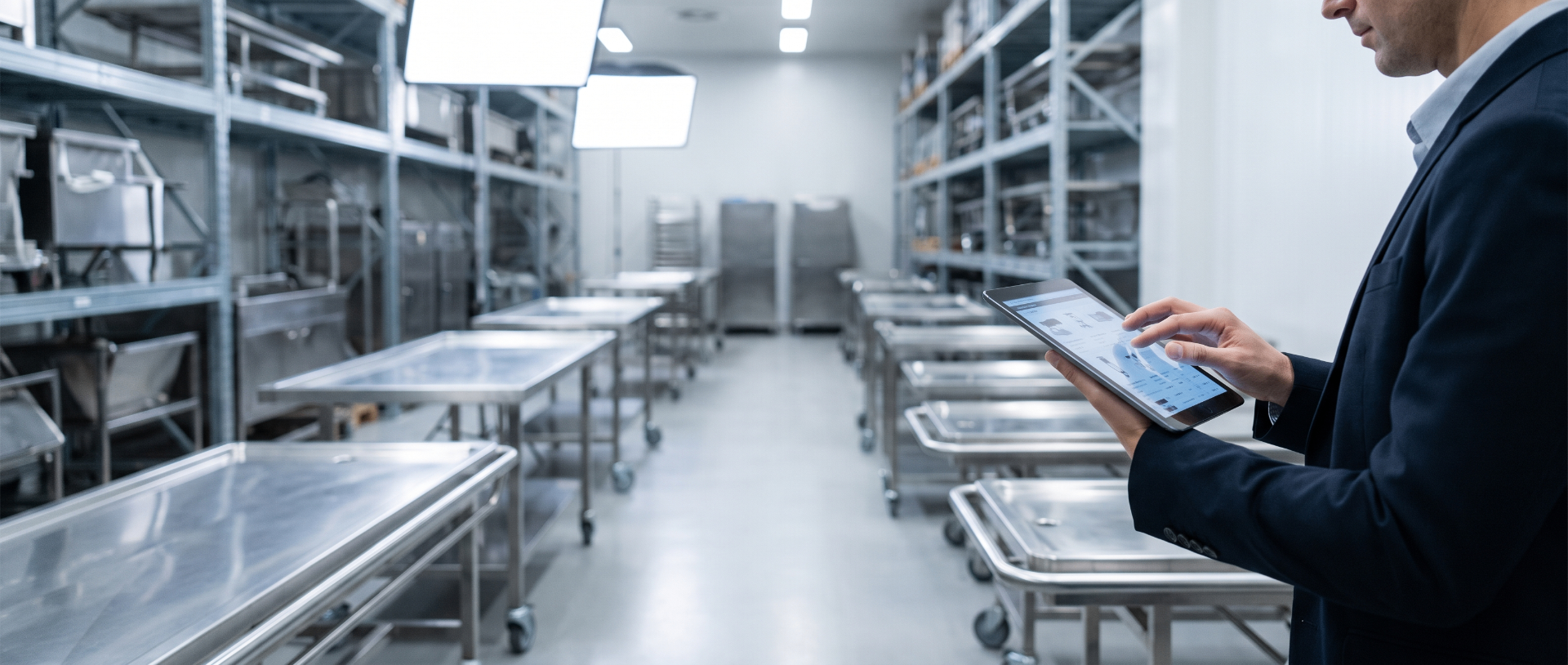 Funeral director reviewing mortuary equipment in a prep room.
