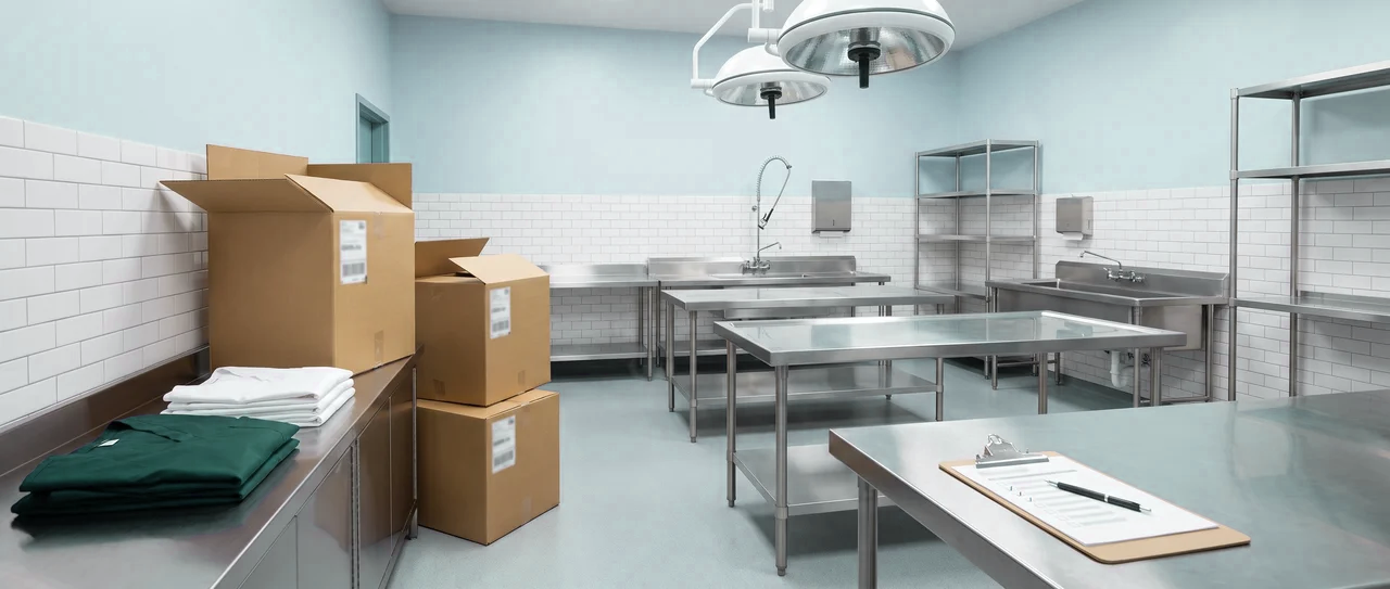 Stainless steel prep room with embalming tables, shelving, and supplies ready for setup.